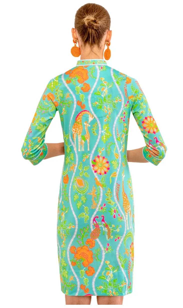 Jersey Mandarin Dress-Jungle Symphony Turq/Orange