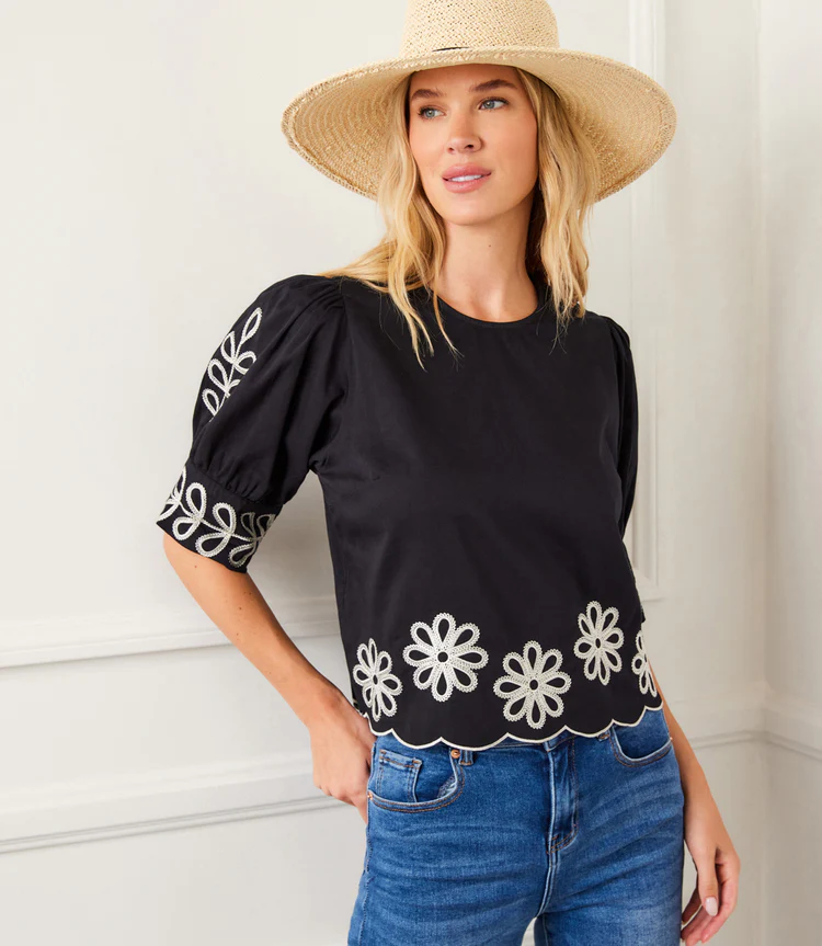Embroidered Scallop Top Black