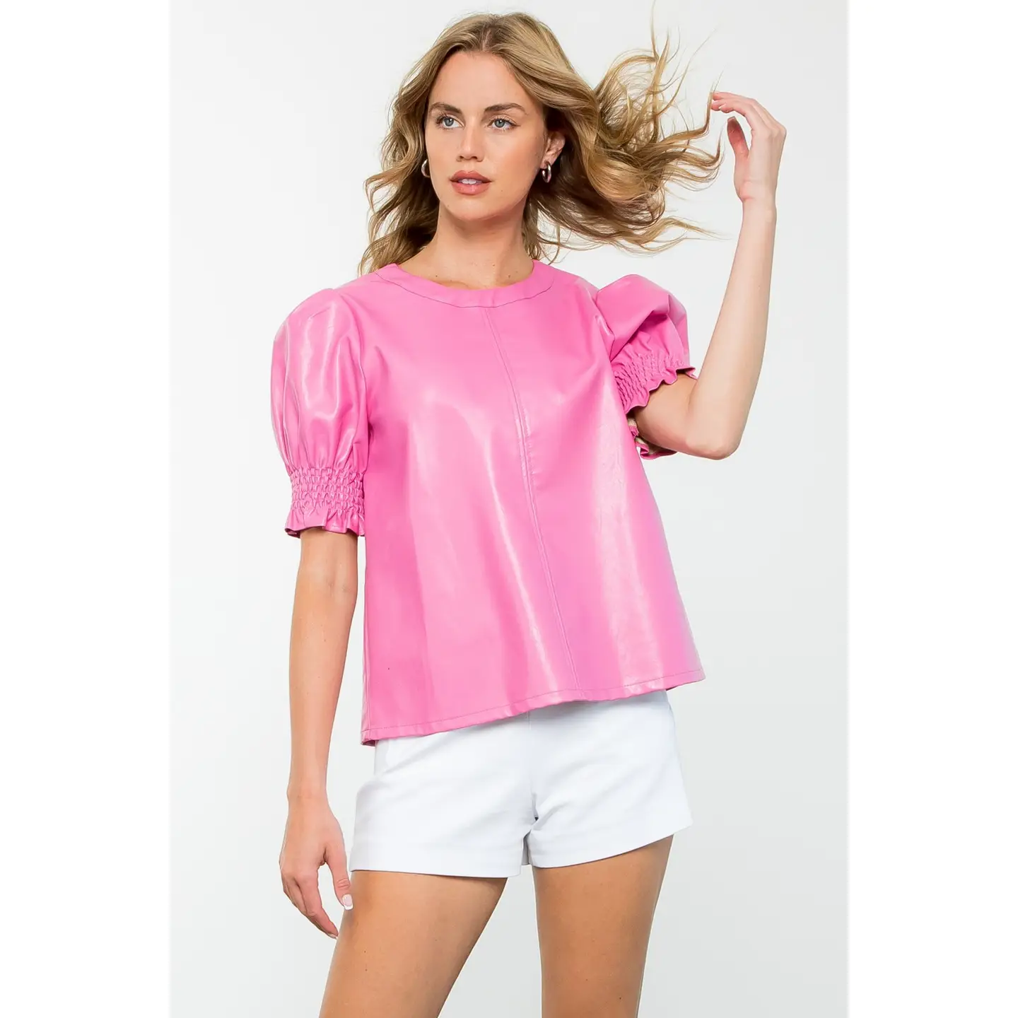 Short Sleeve Leather Top Pink
