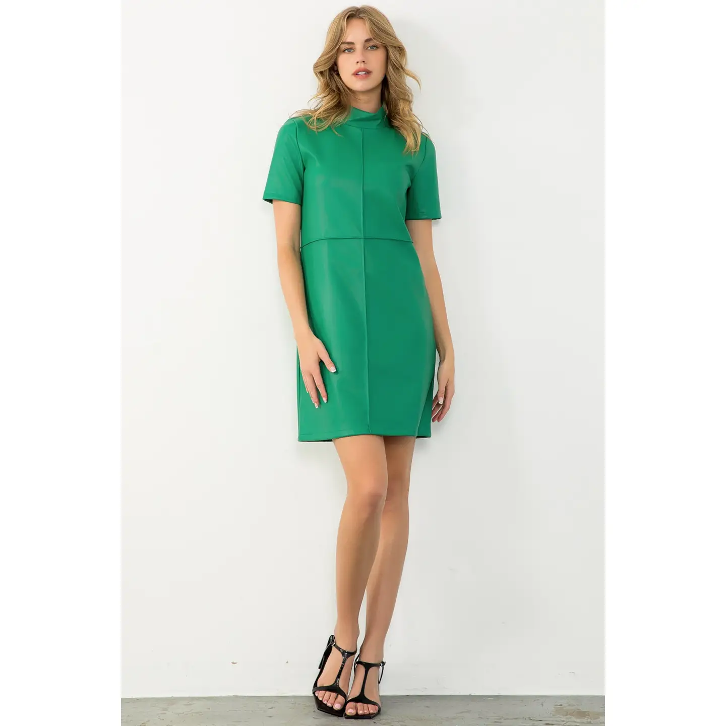 Short Sleeve Leather Dress Green