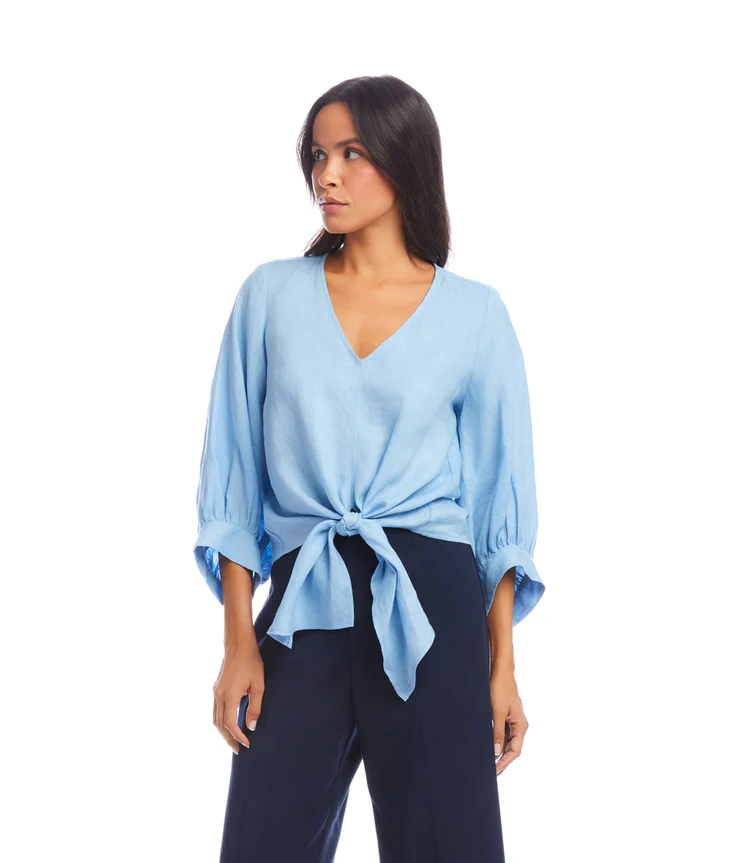 Linen Tie Front Blouse Lake Blue