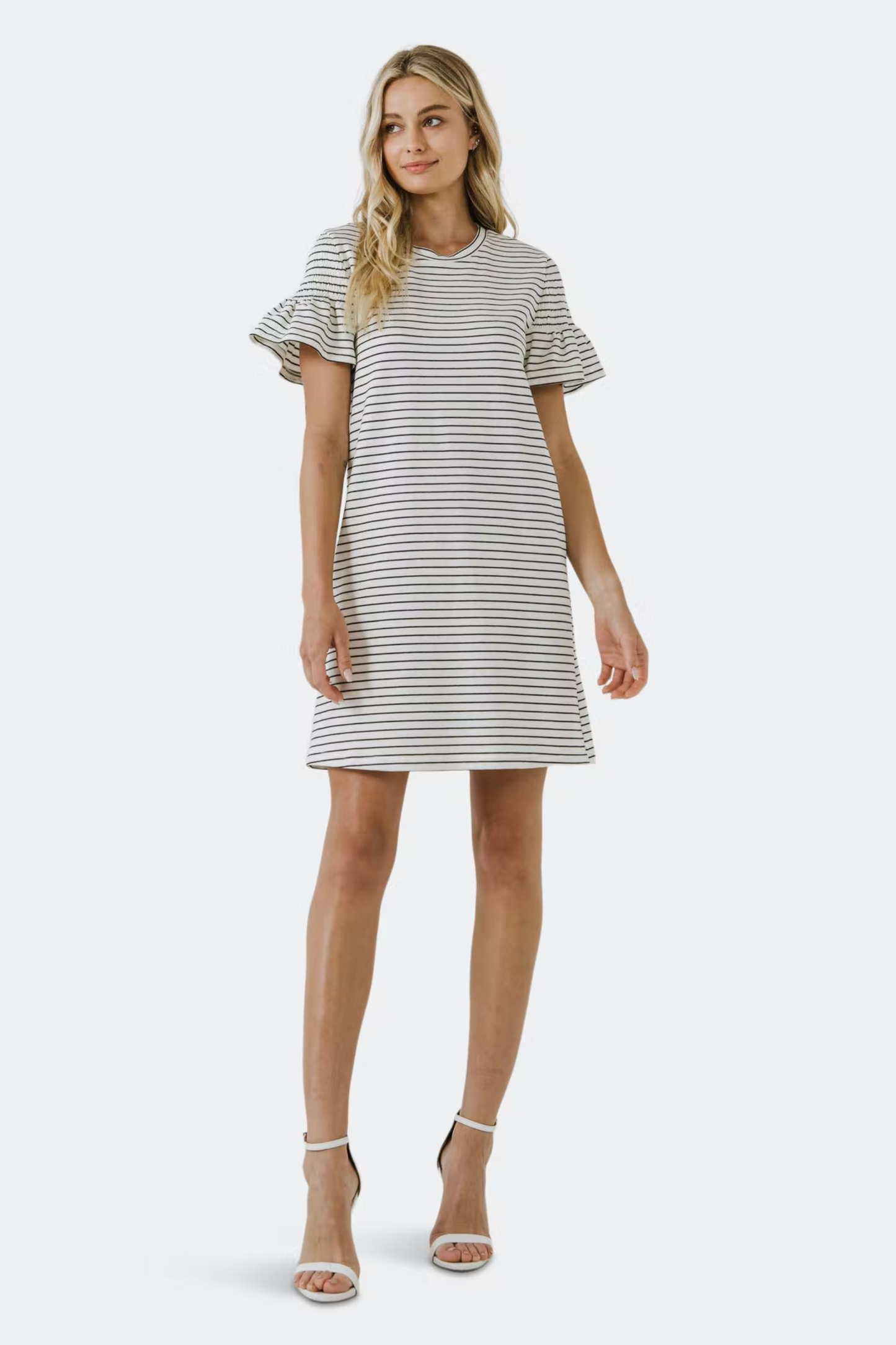Smocked Striped Mini Dress White