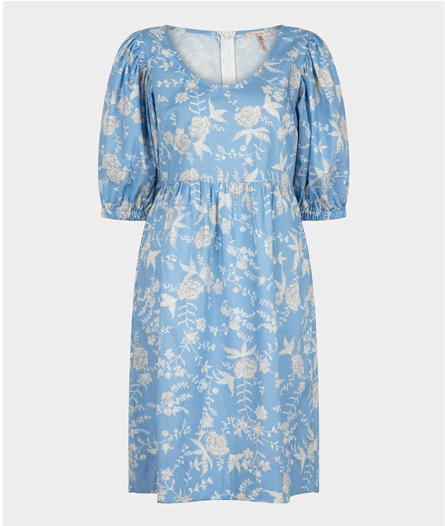 Puff Slv Poplin Dress Blue Flower Print