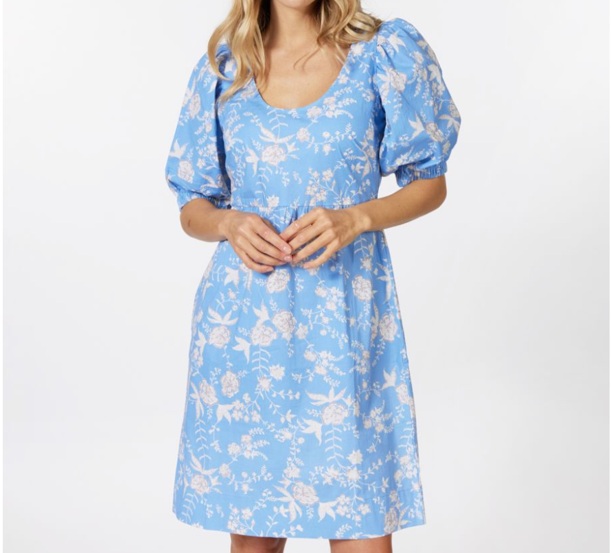 Puff Slv Poplin Dress Blue Flower Print