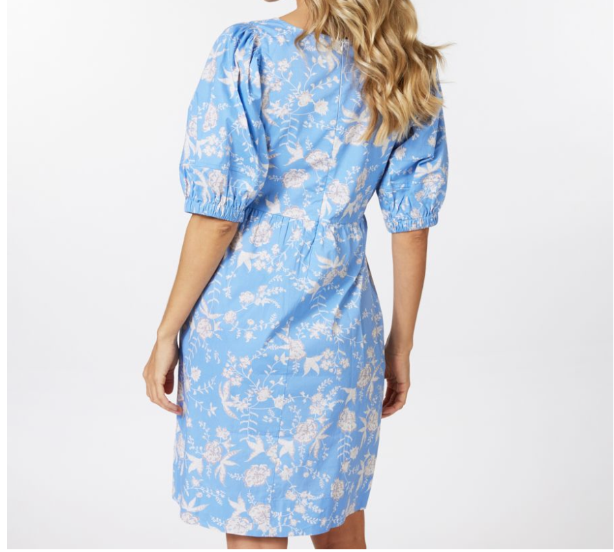 Puff Slv Poplin Dress Blue Flower Print
