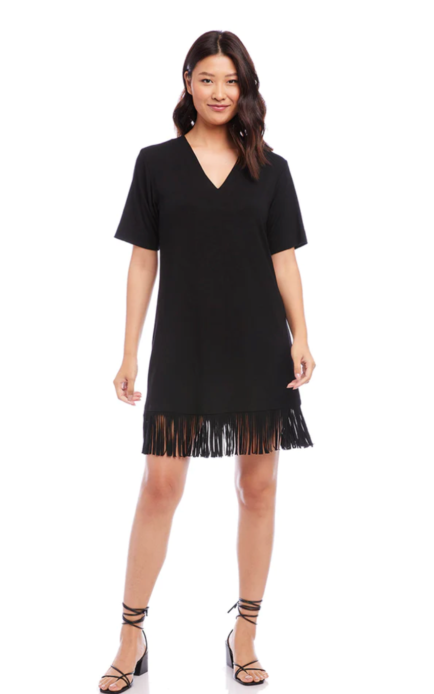 V-Neck Fringe Dress Black