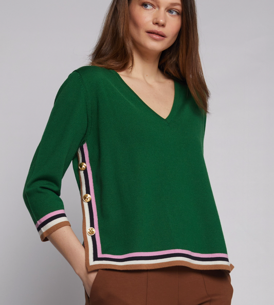 Sweater Side Button V-Neck Green Neck