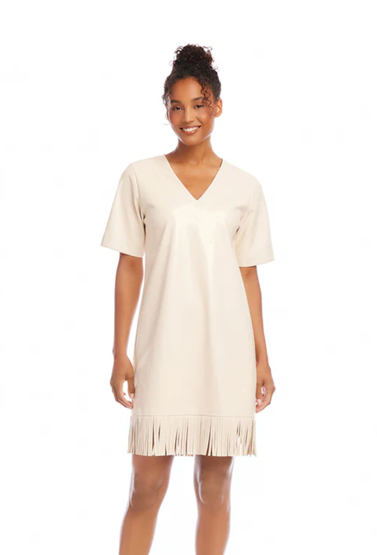 V-Neck Fringe Dress Ecru