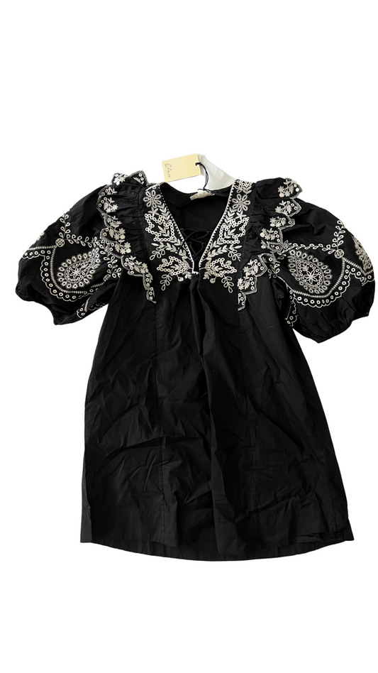 S/S Ruffle Panel Dress Black/Natural