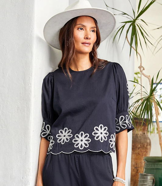 Embroidered Scallop Top Black