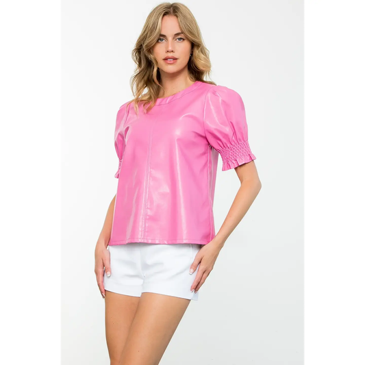 Short Sleeve Leather Top Pink