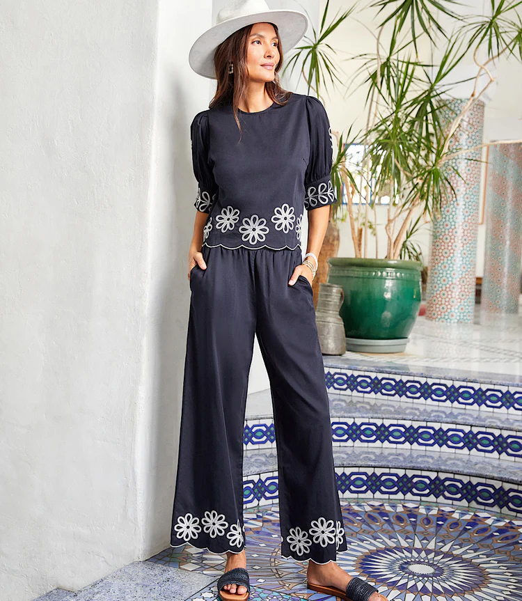 Embroidered Scallop Top Black