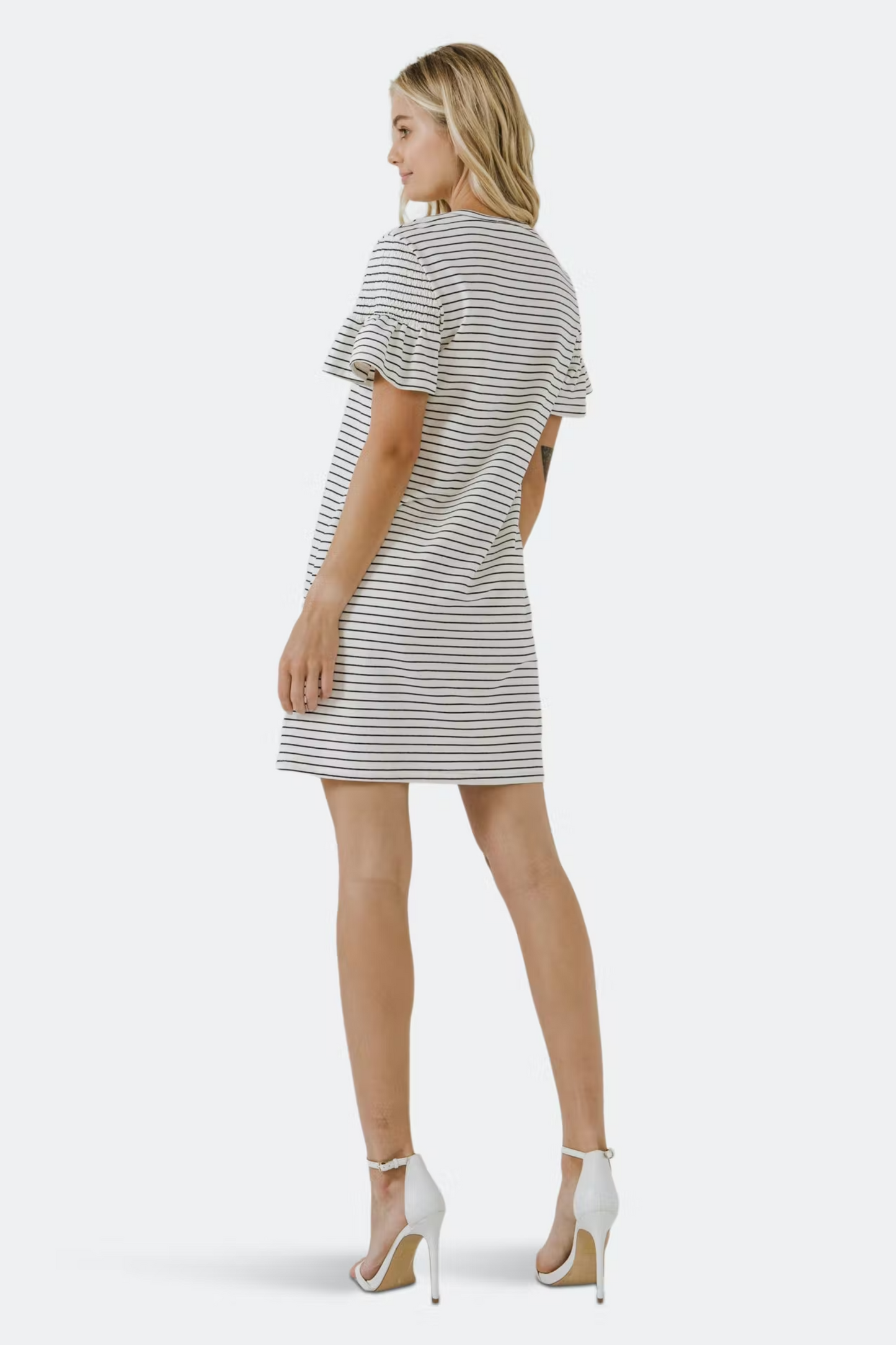 Smocked Striped Mini Dress White