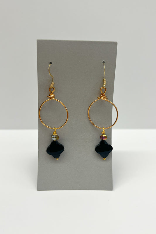 Gold Wire Earrings with Black Bead Detail