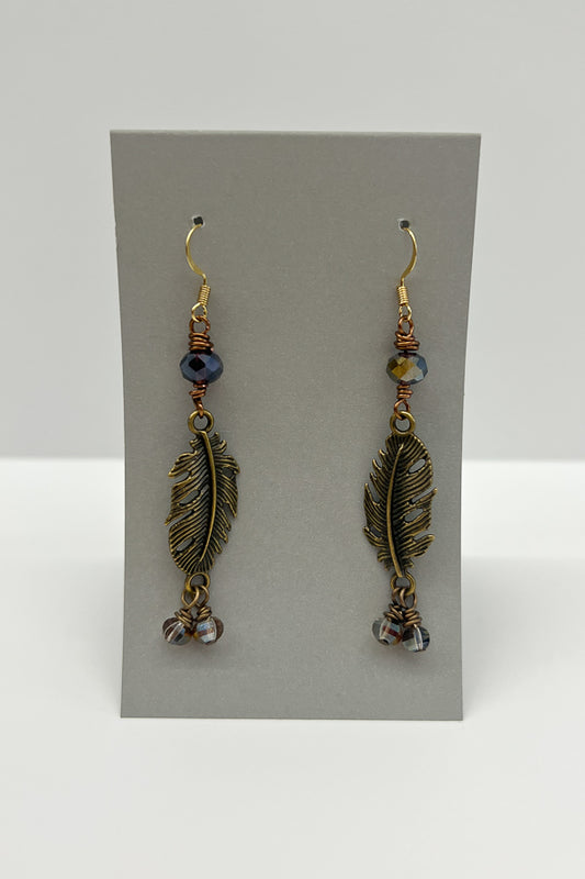 Brushed Gold Feather Earrings with Bead Detail