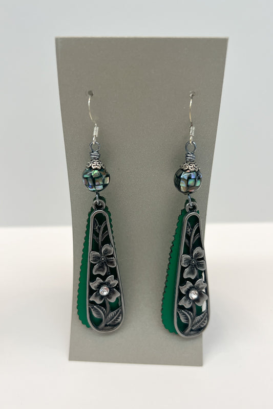 Silver Drop Green Layered Earrings