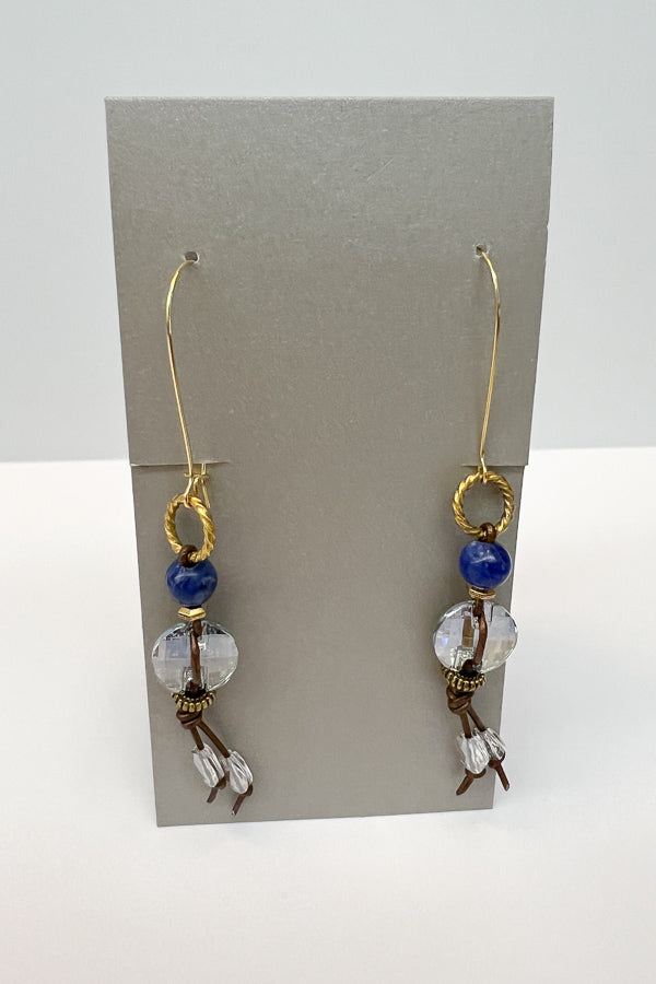 Royal Blue & Crystal Stone Earrings with Leather Detail