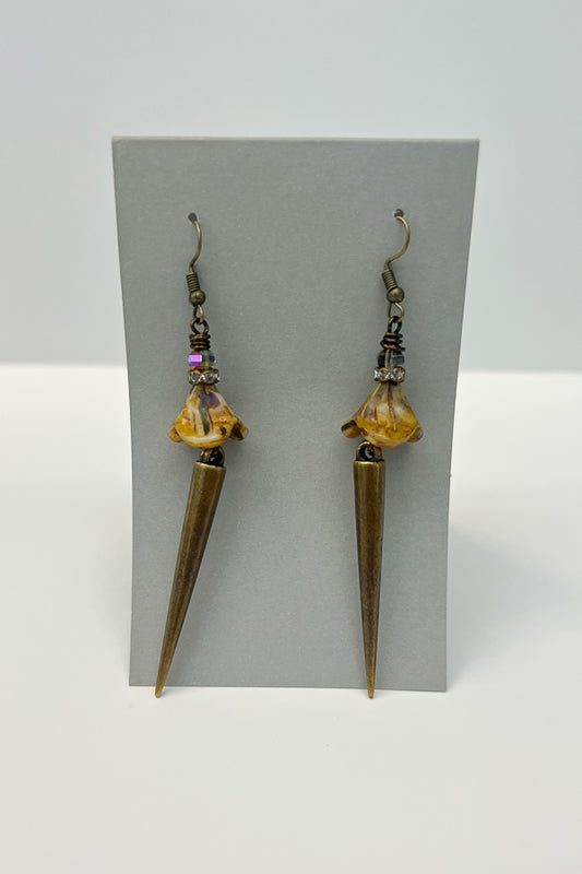 Gold Long Bead Earring with Stone Detail