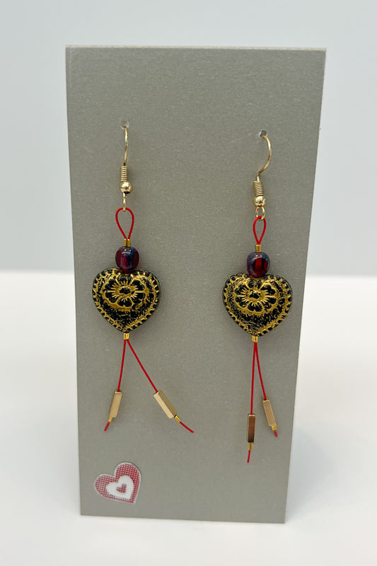 Brushed Gold Heart Earrings with Red Accents