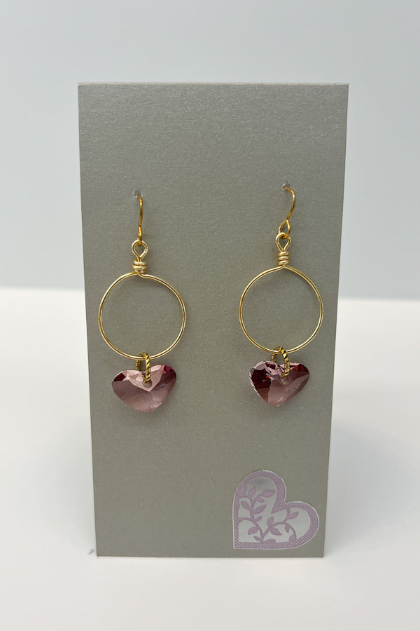 Gold Wire Earrings with Purple Heart Bead Detail