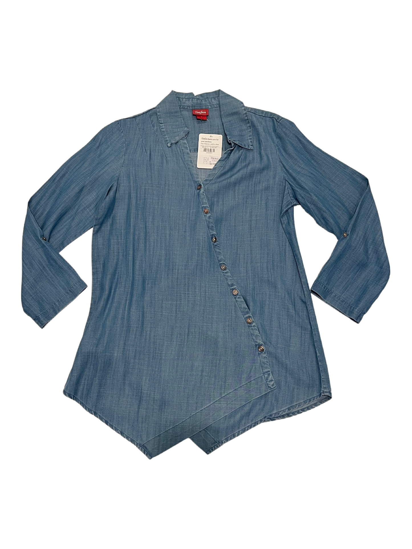 Chambray Asymetrical Button Detail Shirt-Medium Blue