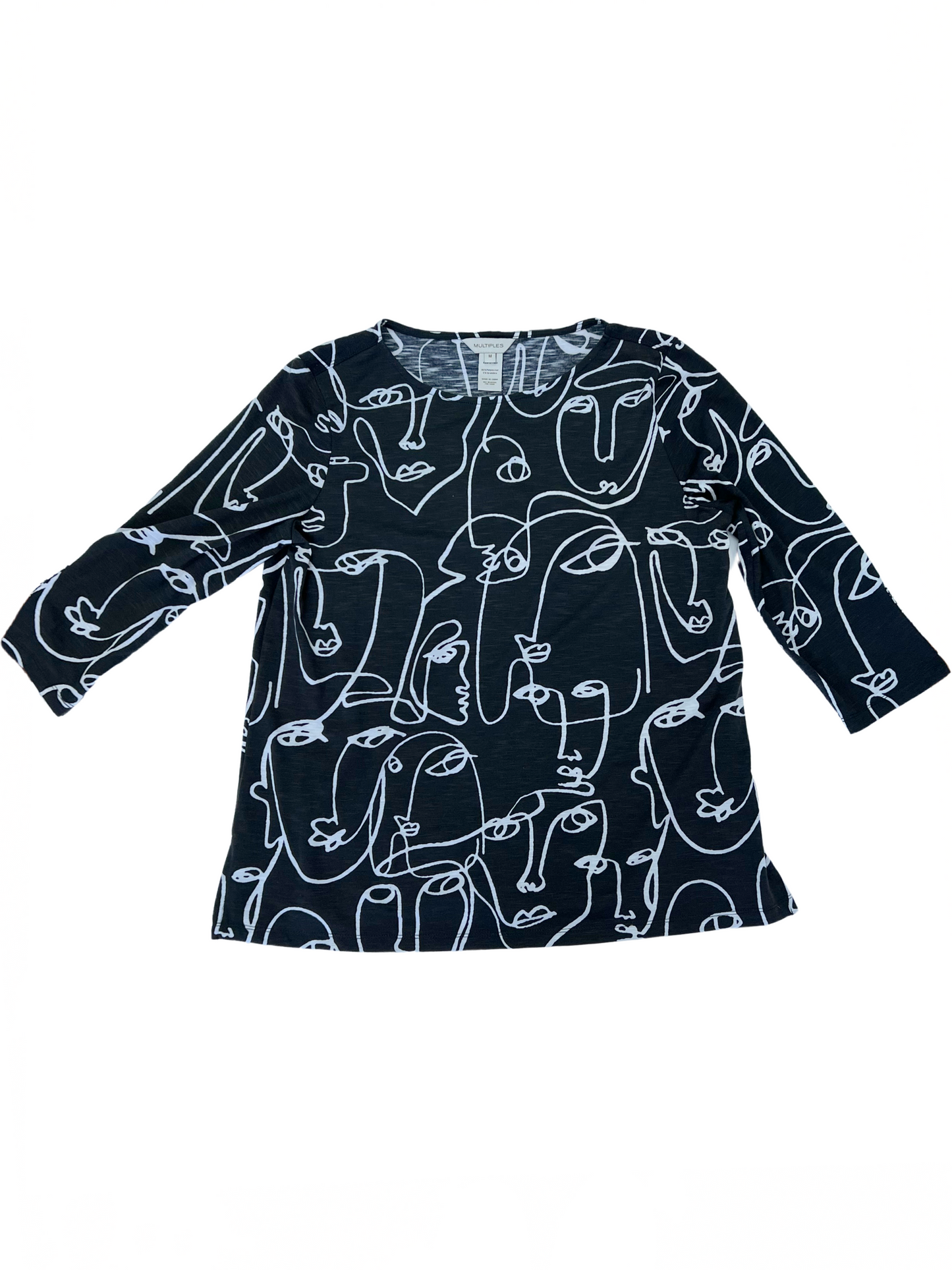 Copy of 3/4 Slv Wide Neck Blouse Blk/Wh Print