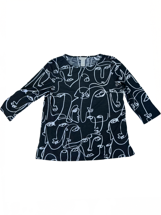 Copy of 3/4 Slv Wide Neck Blouse Blk/Wh Print