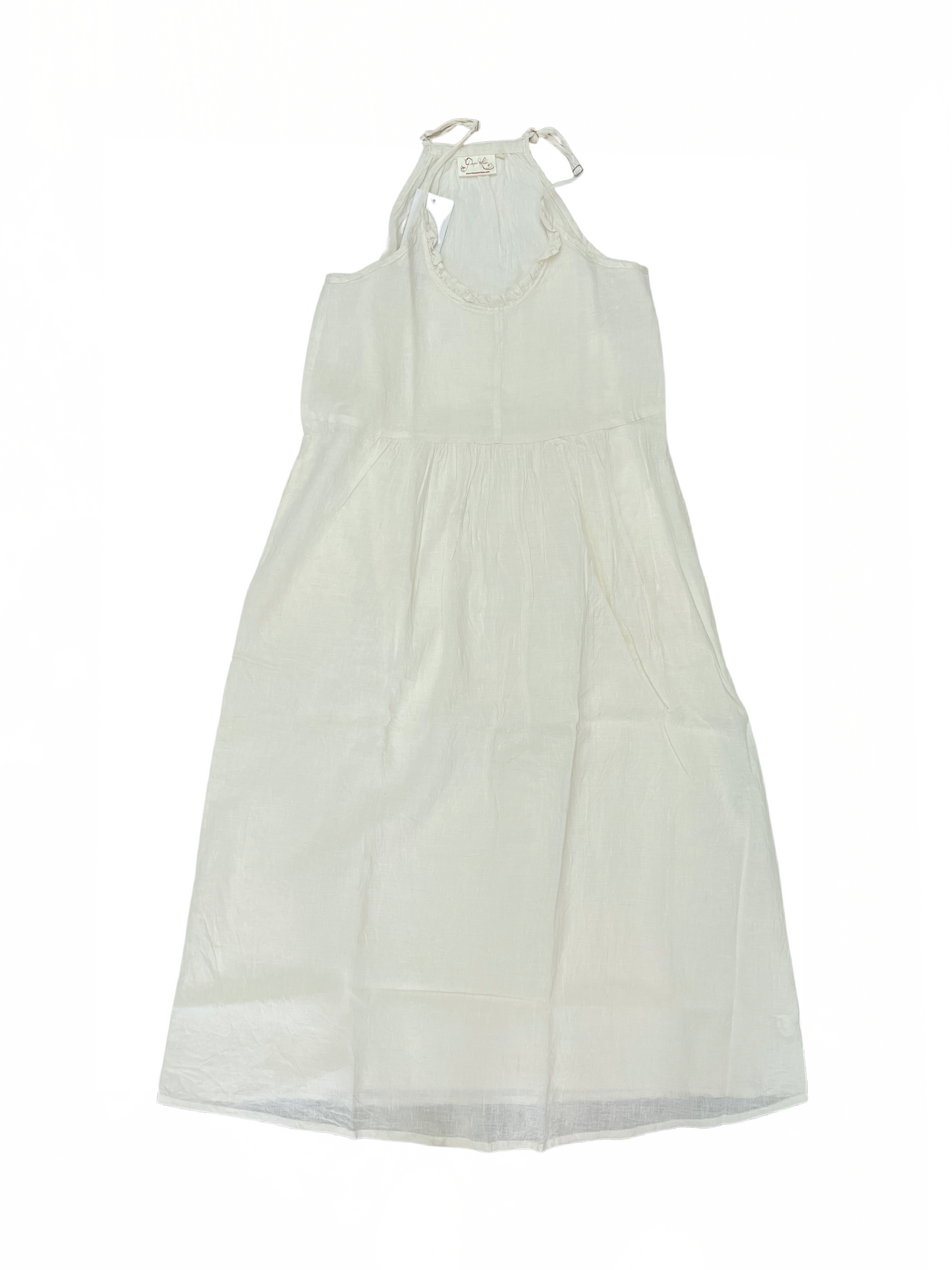 Linen Round Neck Two Pocket Skinny Strap Dress White