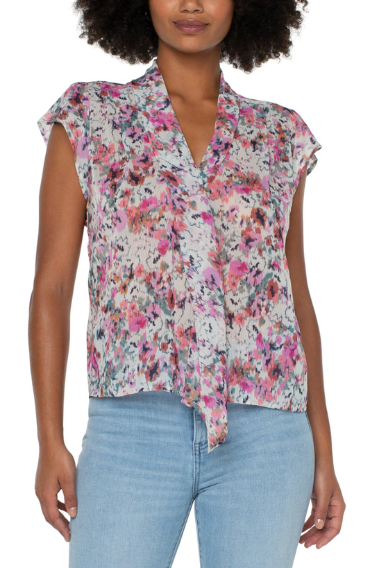 Sleeveless Blouse w/Front Drape Painted Floral