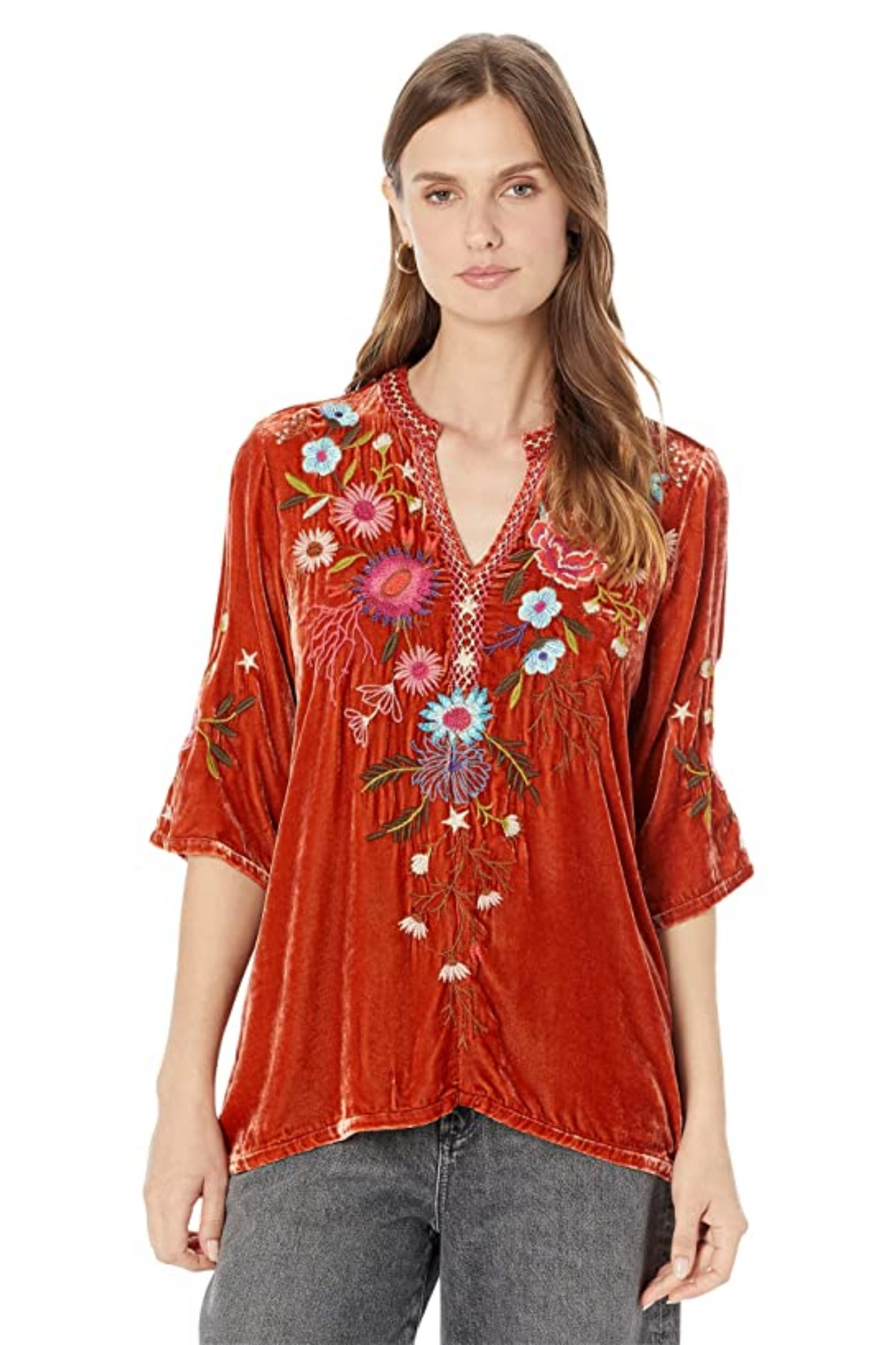 Ulla Velvet Easy V-Neck Blouse Persimmon