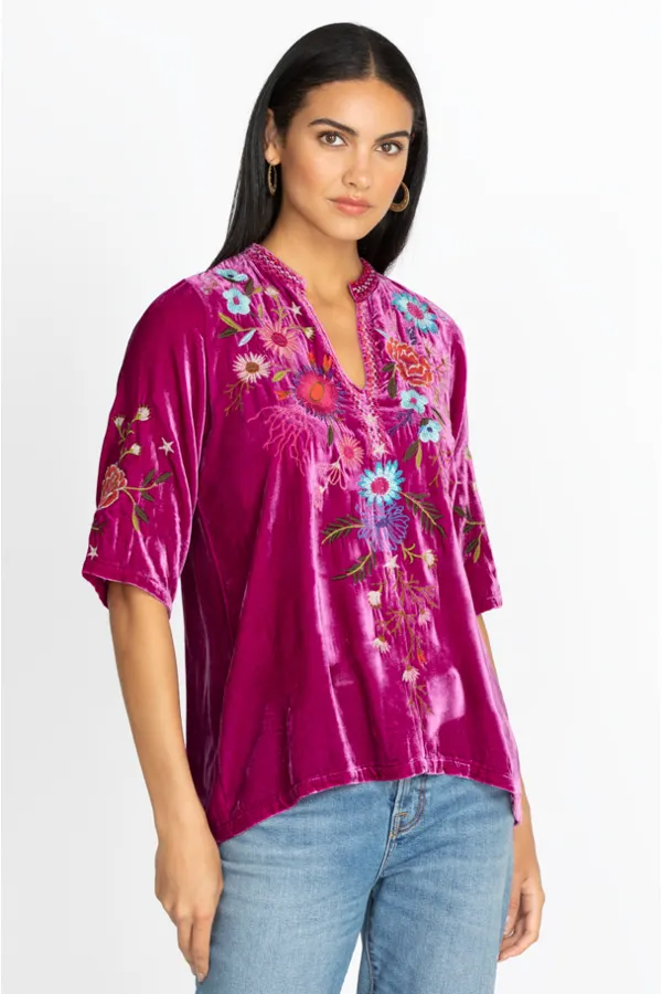 Ulla Velvet Easy V-Neck Blouse Raspberry